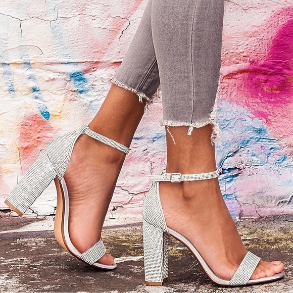 STEVE MADDEN Carrson Silver Ankle Strap Block Heels Formal Sparkly Crystals - Picture 3 of 14